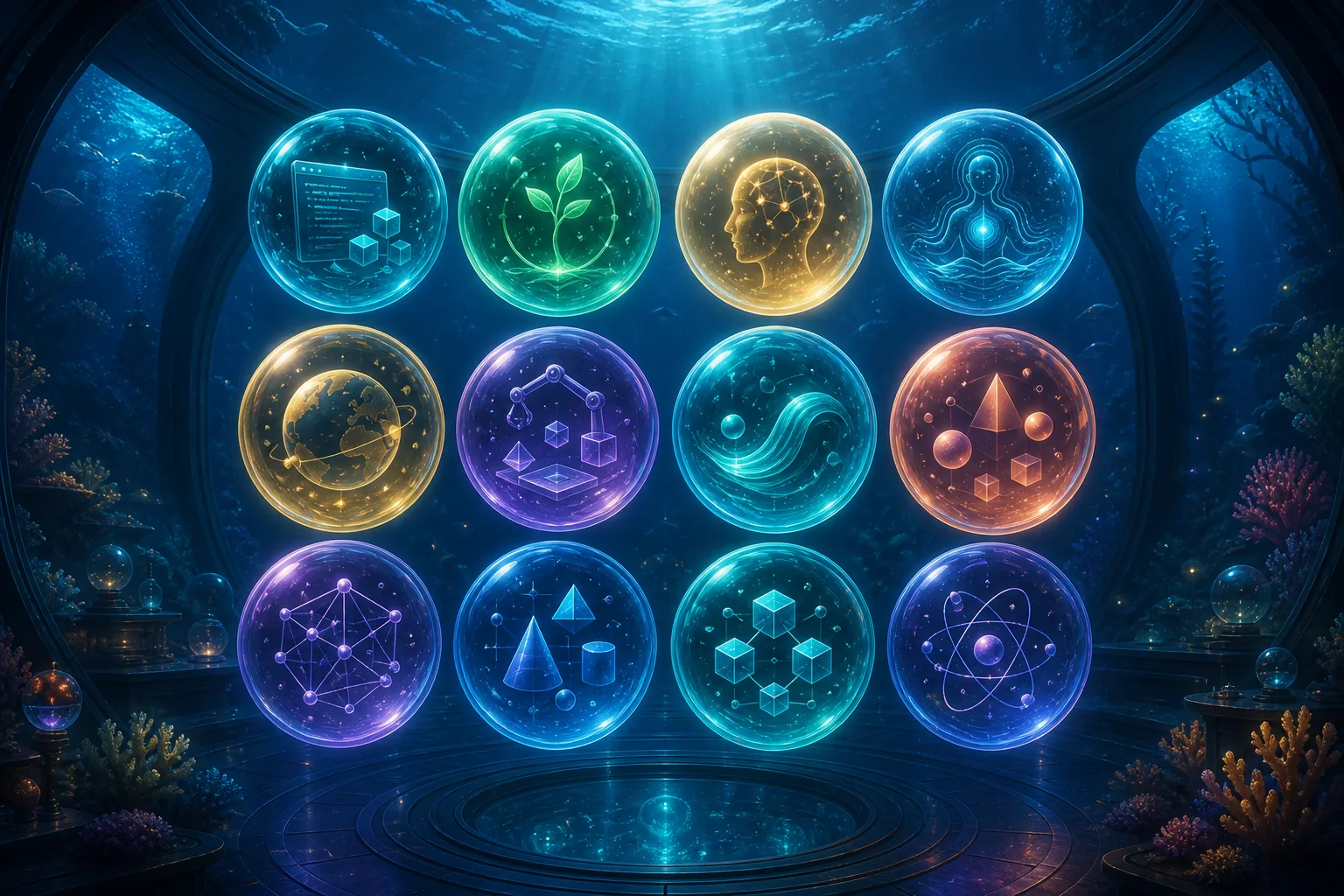 Douze bulles lumineuses sous-marines représentant les univers Nami Quest